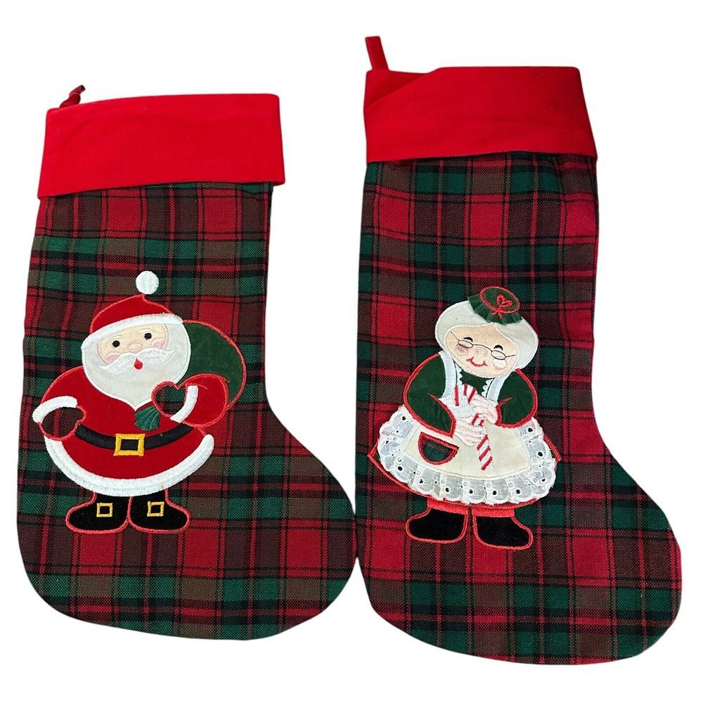 Vintage Mr and Mrs Claus Applique Christmas red and green plaid Stocking